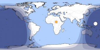 Bright parts are during day, darker parts are during night Map showing day and night parts of the world